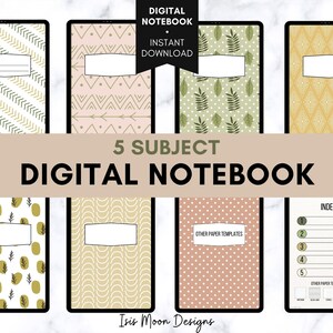 Pode incluir: Capas de caderno digital com cinco padrões diferentes: padrões geométricos dourados e verdes, um padrão de folhas verdes, um padrão de diamantes amarelos, um padrão de ondas douradas e brancas, um padrão de bolinhas rosa e brancas e uma página de índice branca com linhas para notas. O texto "5 SUBJECT DIGITAL NOTEBOOK" está no centro da imagem.