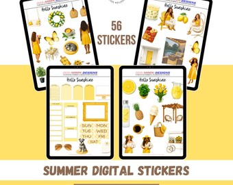 Summer Planner Stickers: Hello Sunshine Digital Stickers (56 PNG)