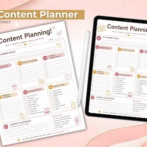 May include: A digital content planner template displayed on a tablet screen and a printed paper sheet. The layout features sections for current focus, videos, photos, hooks, products, editing checklists, and repurposing ideas with icons and text.