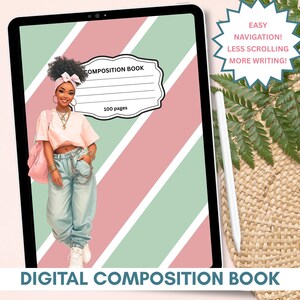 Pode incluir: Caderno de composição digital com fundo listrado rosa, verde e branco. A capa apresenta uma ilustração de uma pessoa com um top rosa e jeans azuis. O texto "COMPOSITION BOOK" e "100 pages" são visíveis. As palavras "DIGITAL COMPOSITION BOOK" estão na parte inferior.