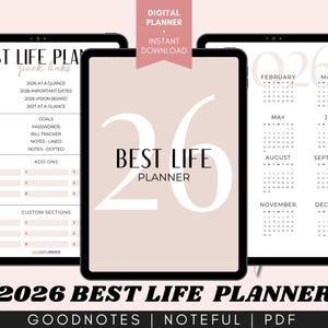 May include: Digital 2026 Best Life Planner displayed on three black tablets. The center tablet features the text "BEST LIFE PLANNER" with a large "26". The other tablets show planner pages.