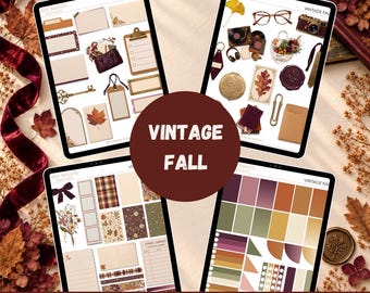 Vintage Fall Digital Planner Stickers, Goodnotes, Noteful, PNG