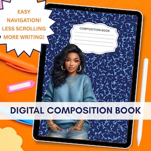 Puede incluir: Cuaderno de composición digital en una tableta. La portada presenta un diseño de mármol azul con una etiqueta blanca que dice "COMPOSITION BOOK". La imagen incluye una ilustración digital de una persona con un suéter azul. El texto en la imagen dice "¡NAVEGACIÓN FÁCIL! MENOS DESPLAZAMIENTO MÁS ESCRITURA!" y "CUADERNO DE COMPOSICIÓN DIGITAL".