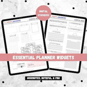 May include: Two digital tablets displaying planner widgets. One tablet shows various blank boxes and labels for days of the week. The other tablet displays appointment, meal, and to-do list sections. Text includes "Digital Stickers!" and "Essential Planner Widgets."
