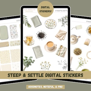 Könnte beinhalten: Digitale Sticker zum Thema Tee, mit Teetassen, Teeblättern, Teebeuteln und floralen Elementen. Die Sticker sind auf einem Tablet-Bildschirm mit dem Text "Steep & Settle Digital Stickers" angeordnet.