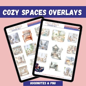 Puede incluir: Un conjunto de pegatinas digitales que representan espacios acogedores, incluyendo una ventana con una persona leyendo, una chimenea, una estantería, un sofá y una silla con una manta. Las pegatinas están diseñadas para su uso en planificadores digitales y aplicaciones de notas.