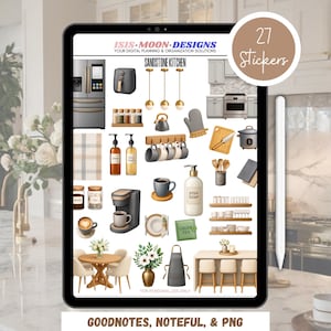 May include: A digital planner image with 27 kitchen-themed stickers. The stickers depict appliances, decor, and kitchen essentials. The image includes the text "ISIS-MOON-DESIGNS" and "SANDSTONE KITCHEN". Designed for GoodNotes, Noteful, and PNG formats.