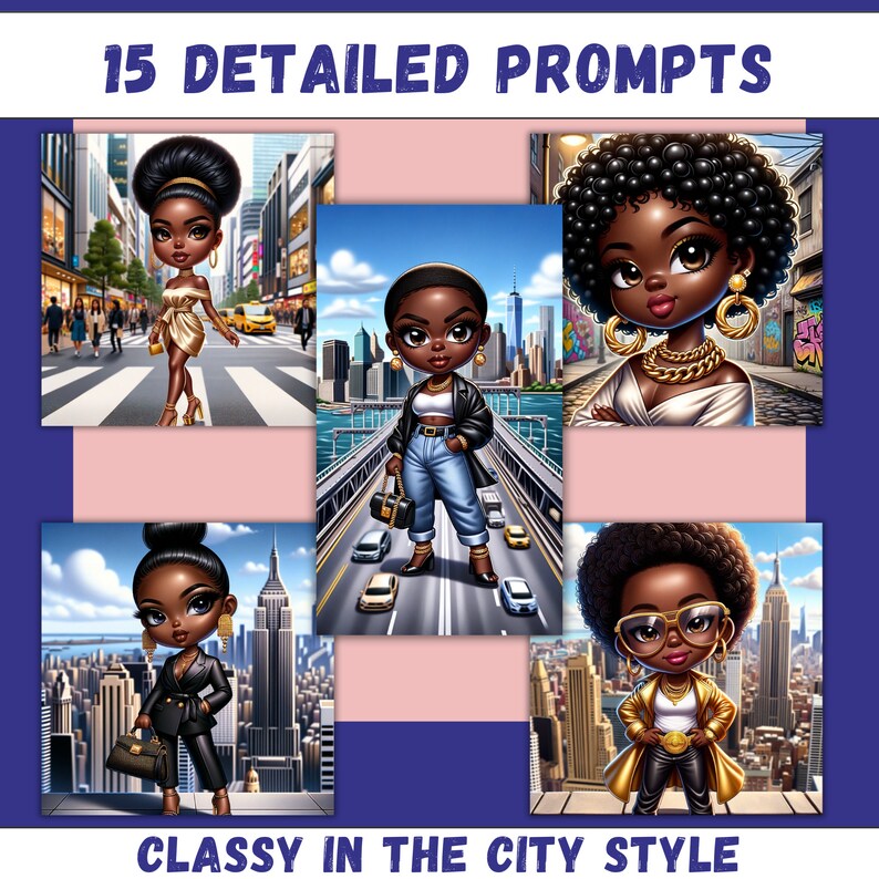 K&ouml;nnte beinhalten: F&uuml;nf Illustrationen von schwarzen Frauen in verschiedenen Outfits und Posen vor einer Kulisse von New York City. Die Frauen tragen stilvolle Kleidung und Accessoires, darunter eine goldene Kettenkette, eine schwarze Lederjacke und einen goldenen G&uuml;rtel. Die Illustrationen sind im Cartoon-Stil gehalten und haben eine helle und farbenfrohe &Auml;sthetik.