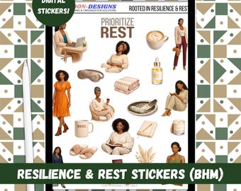 Black Woman Rest Digital Stickers, Goodnotes, Noteful (PNG Included)
