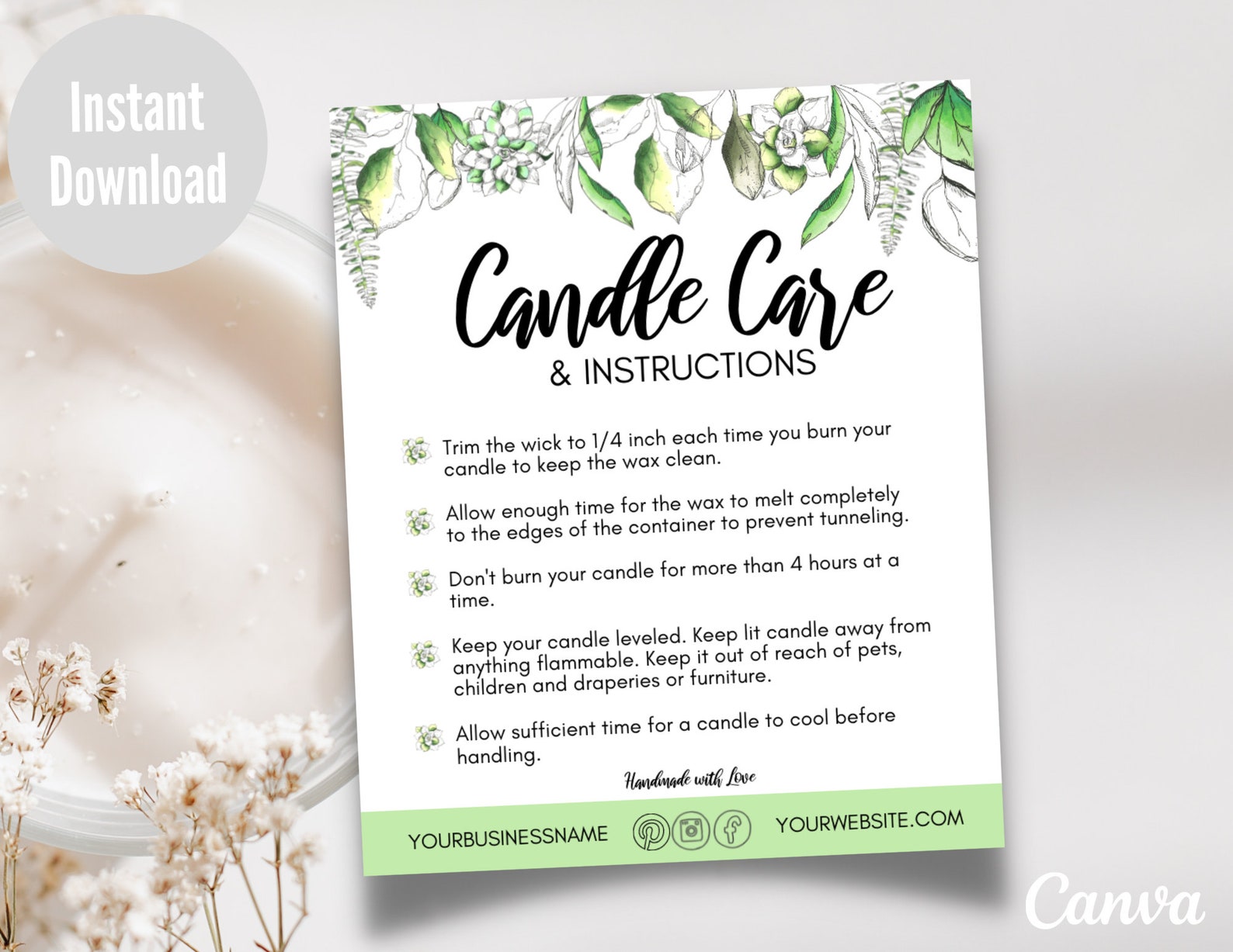 Candle Care Card Template Printable Candle Instruction Card - Etsy