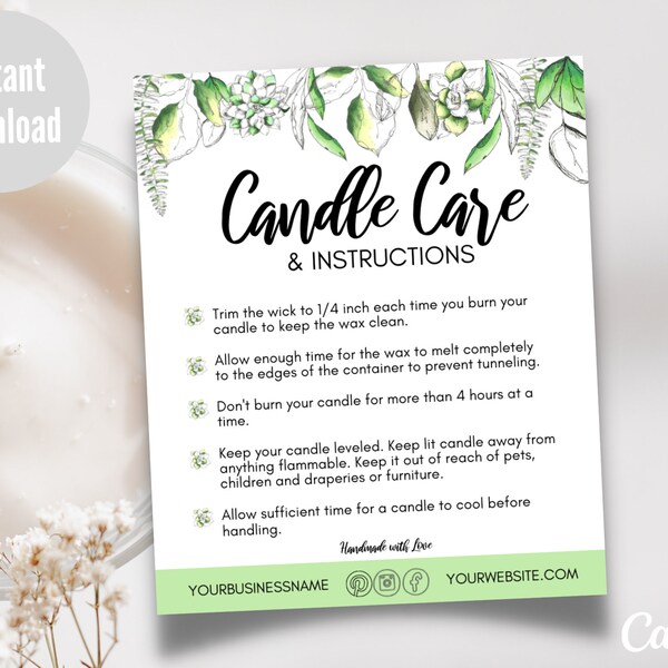 Candle Care Card Template, Printable Candle Instruction Card, DIY Small Business Package Insert Card, Instant Download