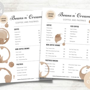Modelo de menu de café, lista de preços de café editável, guia de preços de café, download instantâneo, menu de café para impressão