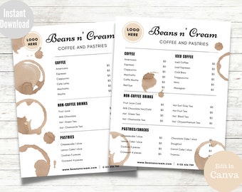 Modello di menu del caffè modificabile: listino prezzi del bar (download immediato)