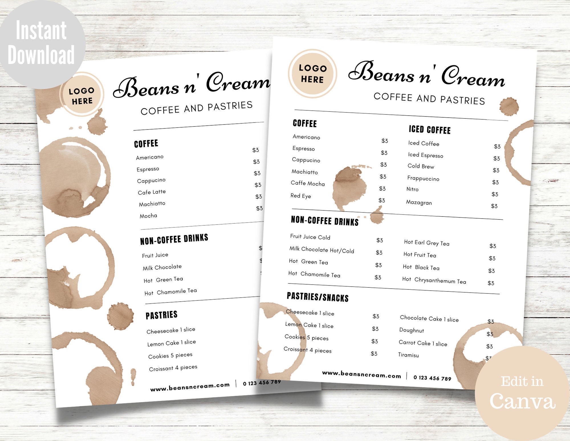 Coffee Menu Template, Editable Coffee Price List, Coffee Price Guide