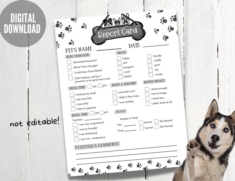 May include: A printable pet report card with sections for how the pet behaved, mood, meal time, naps and bedtime, water intake, walk time, and potty. The report card has a black and white paw print border and a black and white illustration of a dog's bone at the top.