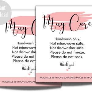 Mug Care Card, Cup Care Card,  Instant Download, Instructions Card, Ready To Print, Package Insert Note