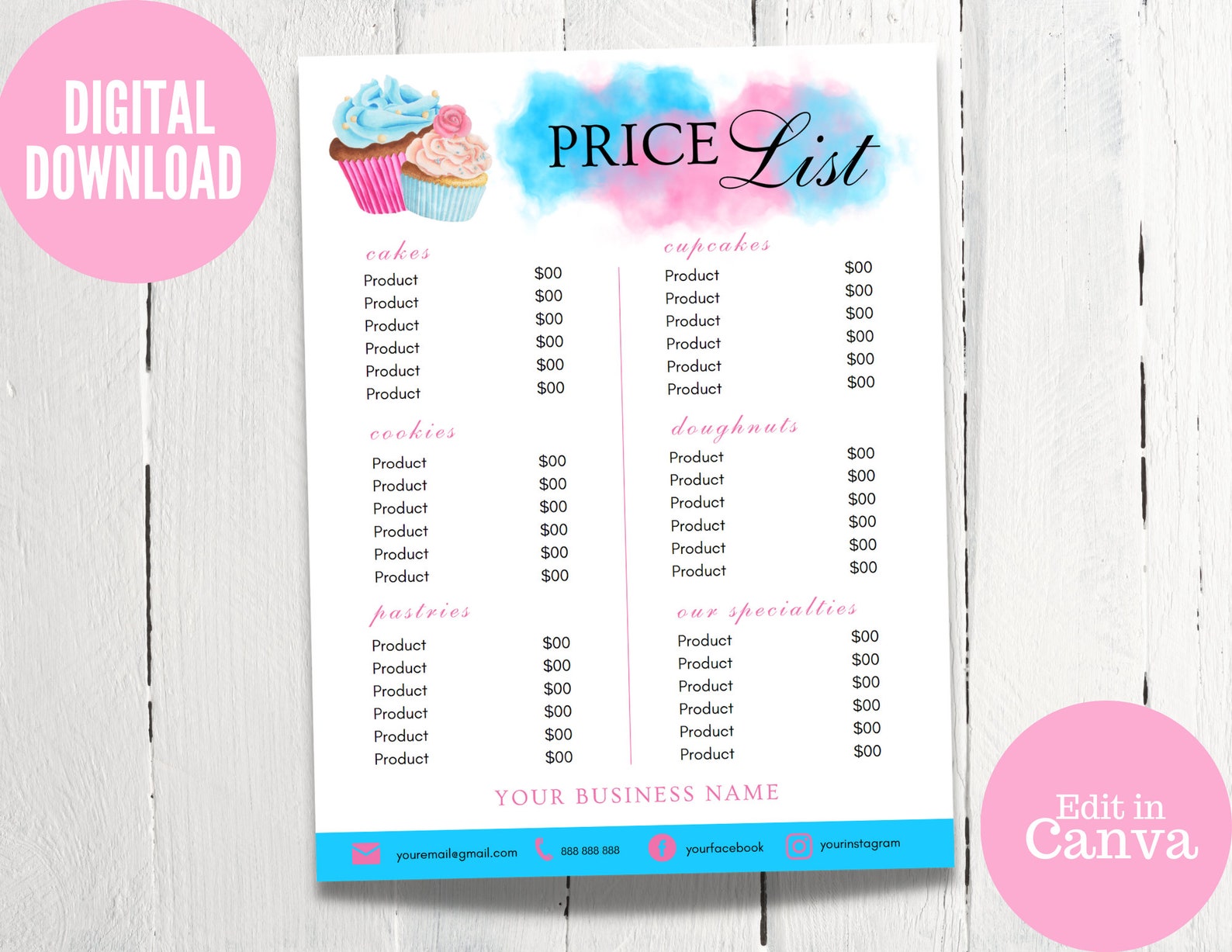 Bakery Price List Template, Bakery Menu, Editable Cake Price List