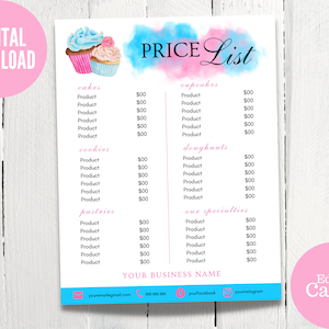Bäckerei Preisliste Vorlage, Bäckerei Menü, bearbeitbare Kuchen Preisliste, Canva Vorlage, Cupcakes Business Preisliste