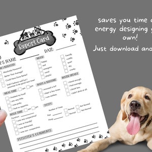 May include: Printable pet report card with a black and white paw print design. The report card includes sections for pet's name, how they behaved, mood, meal time, naps and bedtime, water intake, walk time, potty, and a section for the pet sitter's comments.