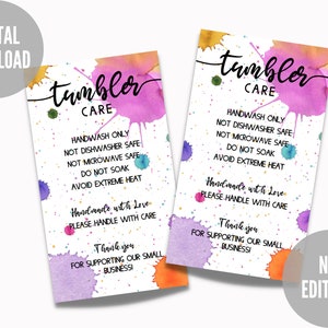 Tumbler Care Card, Ready to Print Care Instructions, Instant Download, Printable Cup Care