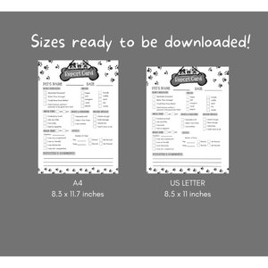 May include: Two black and white printable dog report cards, one in A4 size (8.3 x 11.7 inches) and one in US Letter size (8.5 x 11 inches). Each card has a paw print border and a title that says "Report Card".