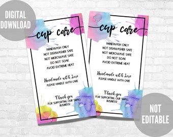 Cup Care Card for Small Business, Ready to Print Care Instructions, Instant Download
