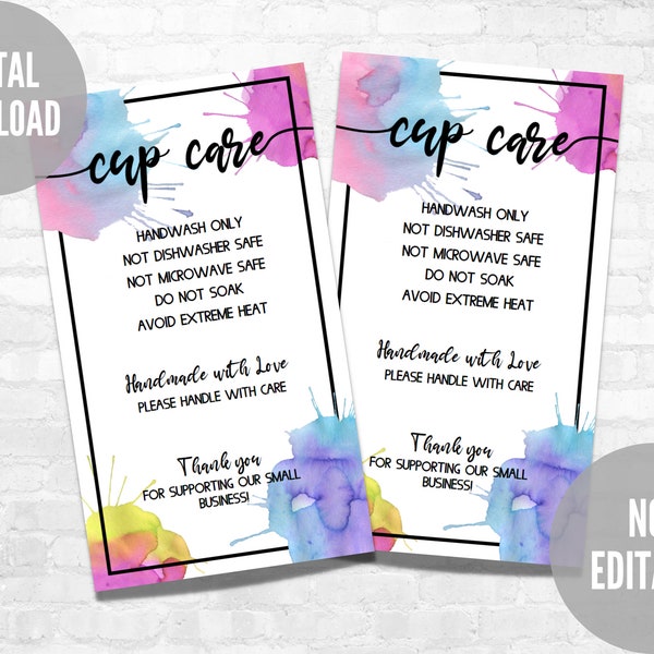 Cup Care Card for Small Business, Ready to Print Care Instructions, Instant Download
