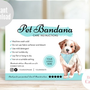 Pet Bandana Care Card Template, Pet Business Card Template, Editable Pet Thank you Card, Dog Bandana Care Card, Digital Download
