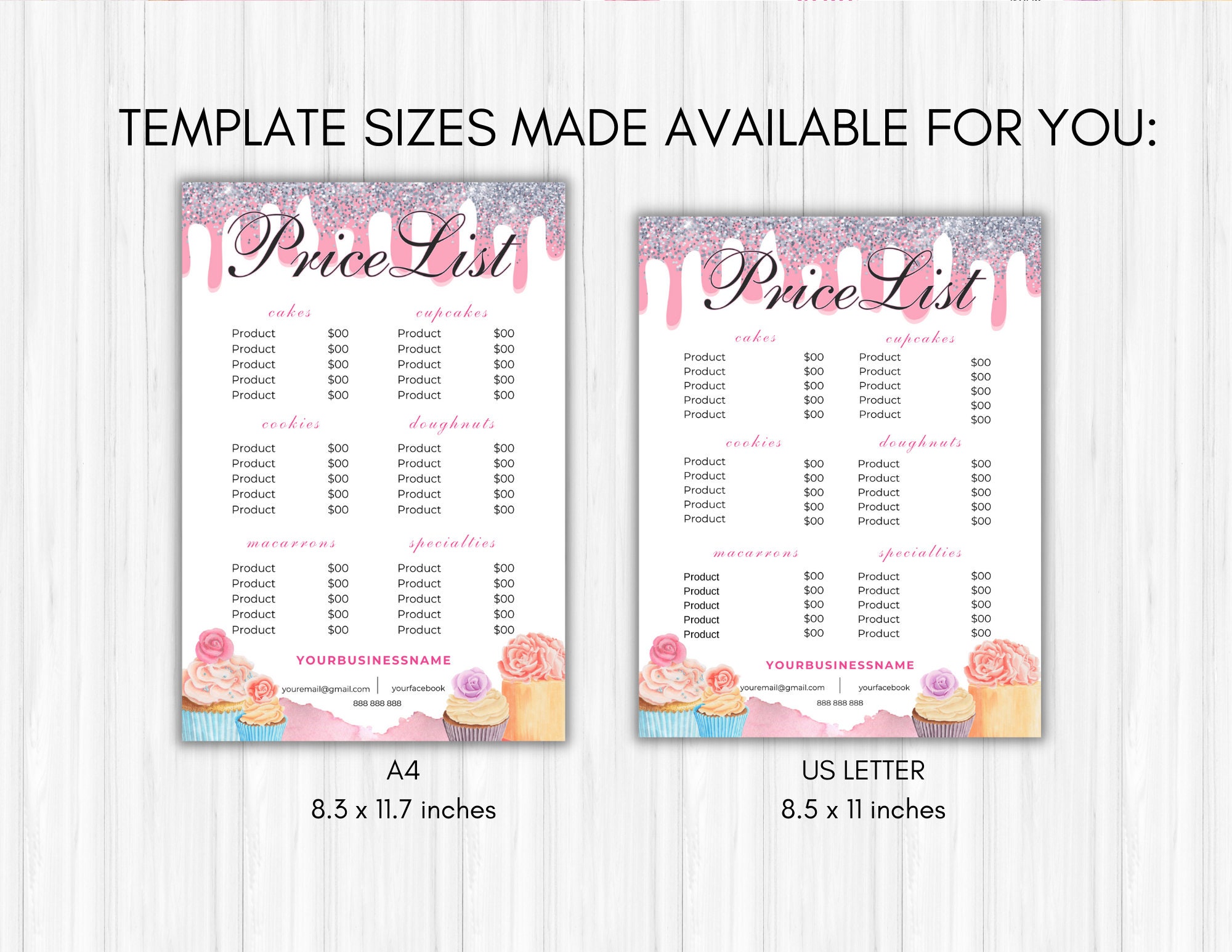 Bakery Price List Template, Bakery Menu, Editable Cake Price List