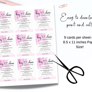 May include: Nine printable cards with pink watercolor backgrounds and the text "key chain care instructions". The instructions include: Please do not drop, Please do not knock against hard surfaces, Avoid prolonged contact with extreme heat, Clean with soft cloth, Please handle with care.  Handmade with love.