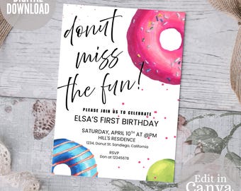 Editable Donut Party Invitation, Donut Miss the Party, Kids Birthday Invitation, Doughnut Birthday Invitation, Donut Party Digital Invite