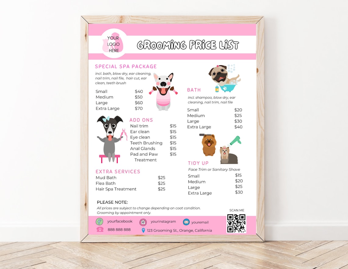 Dog Grooming Price List Pet Salon Template Editable Pet Etsy