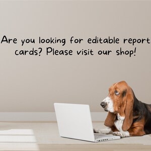 May include: A basset hound dog sits in front of a laptop computer with the text "Are you looking for editable report cards? Please visit our shop!" on a wall behind the dog.