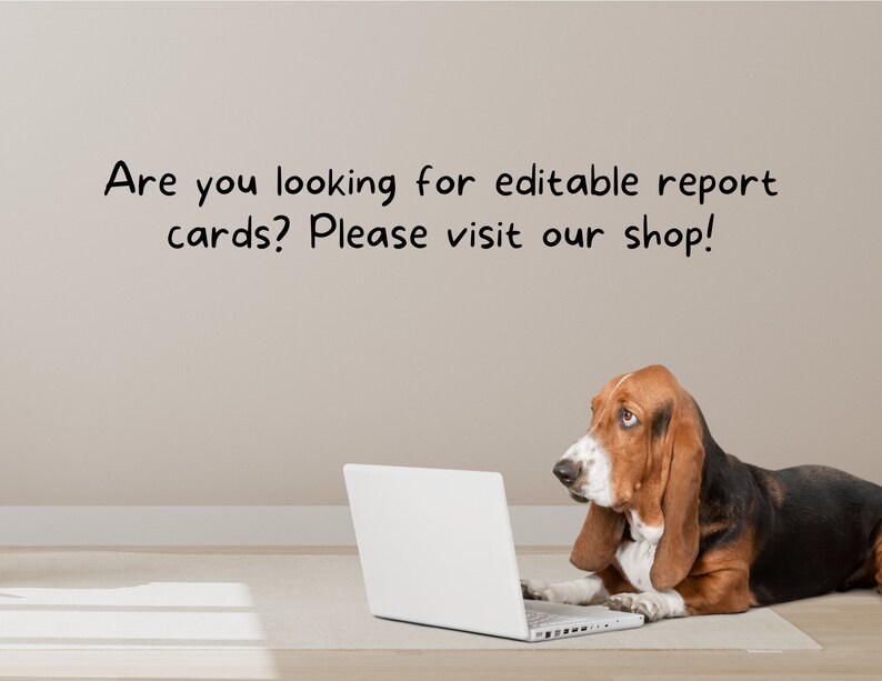 May include: A basset hound dog sits in front of a laptop computer with the text "Are you looking for editable report cards? Please visit our shop!" on a wall behind the dog.