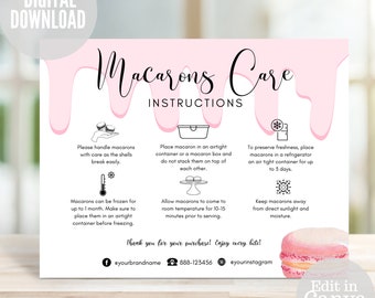 Macaron Care Card, Care Instructions Template, Printable Macaron Guide, Editable Bakery Thank You Package Insert Note, Thank You Card