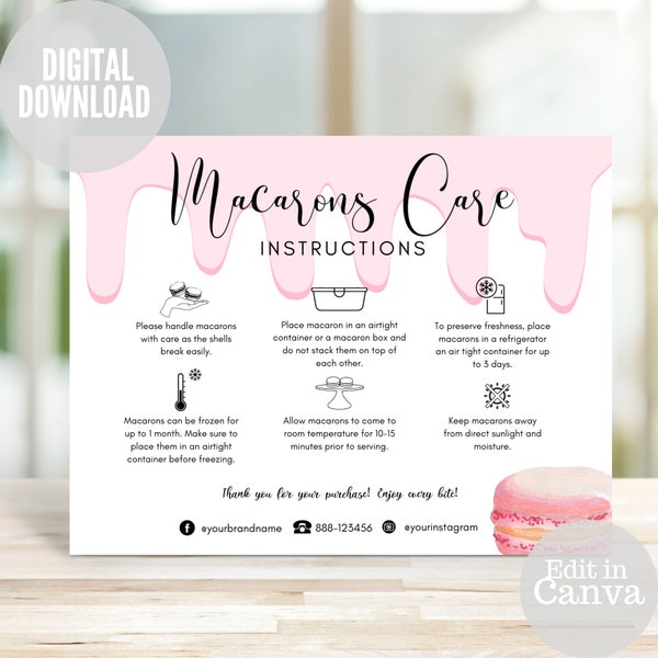 Macaron Care Card, Care Instructions Template, Printable Macaron Guide, Editable Bakery Thank You Package Insert Note, Thank You Card