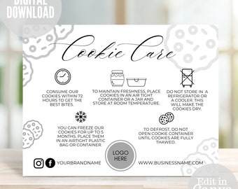 Printable Cookie Care Card Template: Bakery Package Insert (Digital Download)