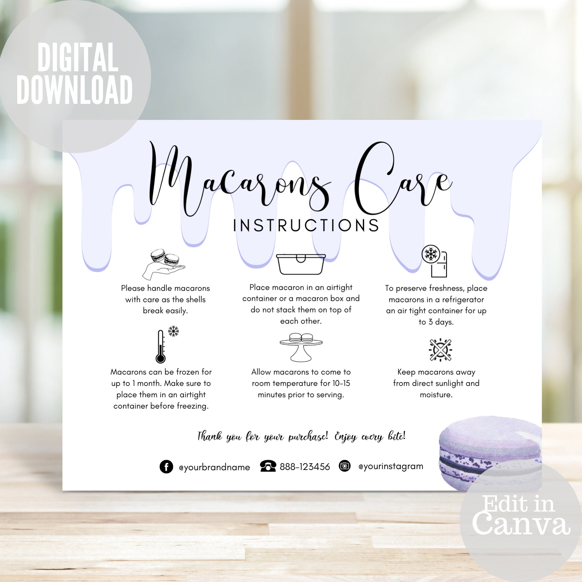 Macaron Care Card, Care Instructions Template, Printable Macaron Guide, Editable Bakery Thank You Package Insert Note, Thank You Card