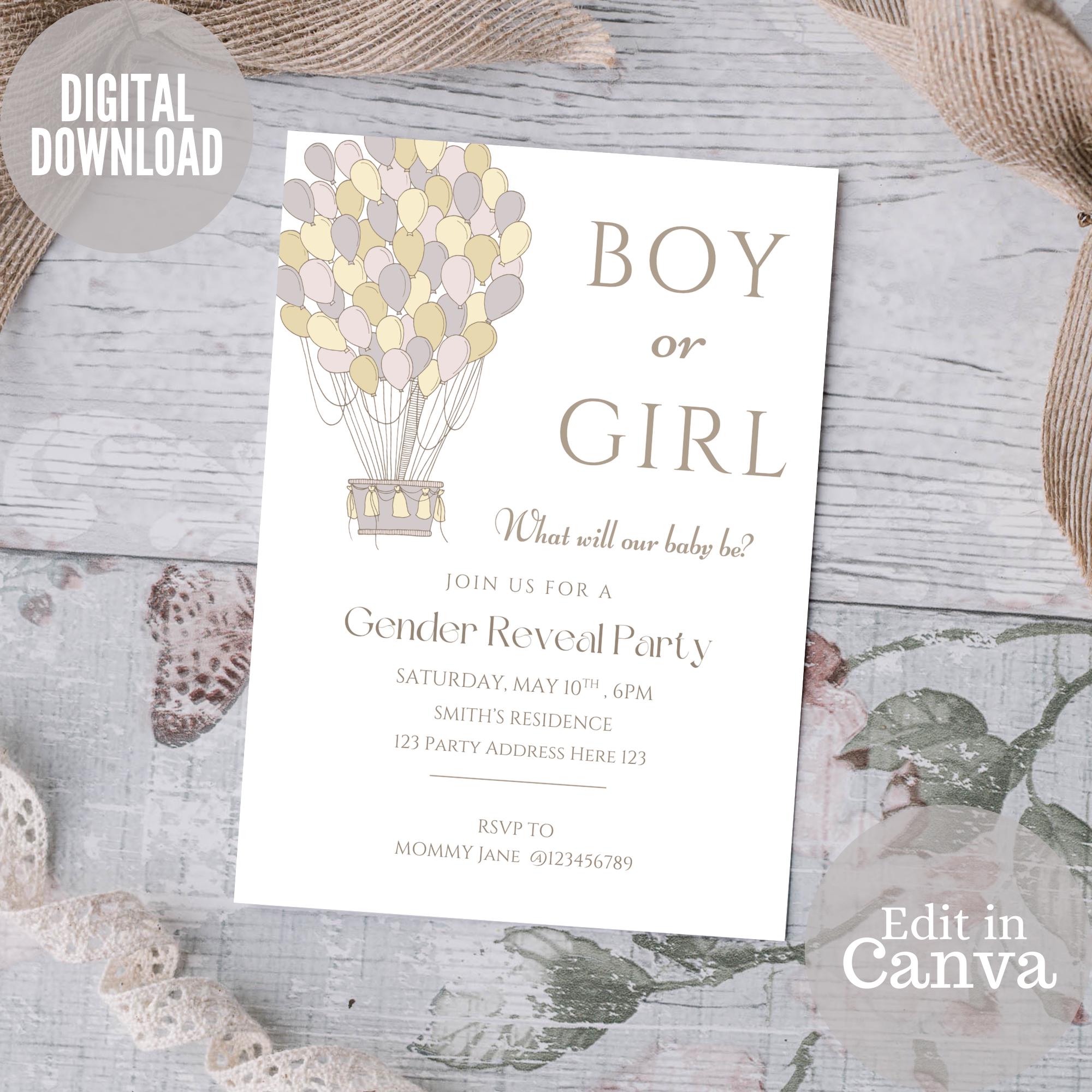 Vintage Gender Reveal Party Invitation, Baby Reveal Invite, He or She Template, Editable Boy or girl Party Invite, Digital Download