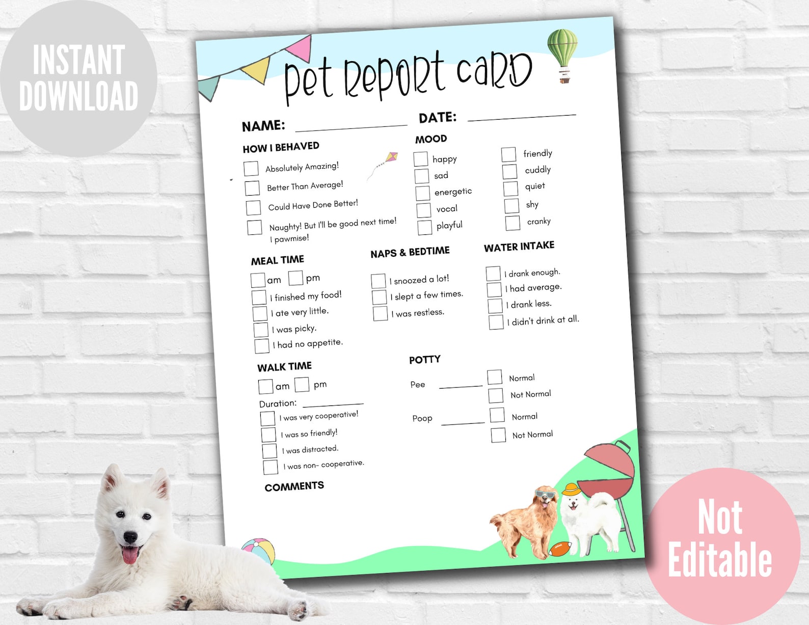 Dog Report Card, Pet Report Card, Pet Sitter Form, Ready to Print ...