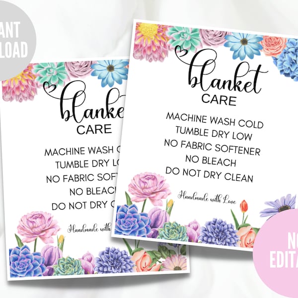 Blanket Care Card, Printable Instructions, Instant Download, Ready to Print, 2.5 x 3 inches, Flower Design, Throw- over