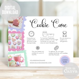 Cookie Care Card, Care Instructions Template, Printable Cookie Guide, Editable Handmade Cookies Package Insert Note, Cookie Business Card