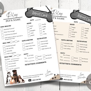 Modello di pagella per cani, pagella modificabile per animali domestici, modulo di relazione per passeggiate con cani, attività di pensione per animali domestici, asilo nido per cani, relazione per pet sitter