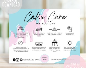 Cake Care Card, Care Instructions Template, Printable Cake Guide, Editable Bakery Thank You Package Insert Note