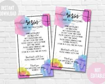 Ready to Print Resin Care Card, Instant Download, Small Business Care Card, Care Instructions