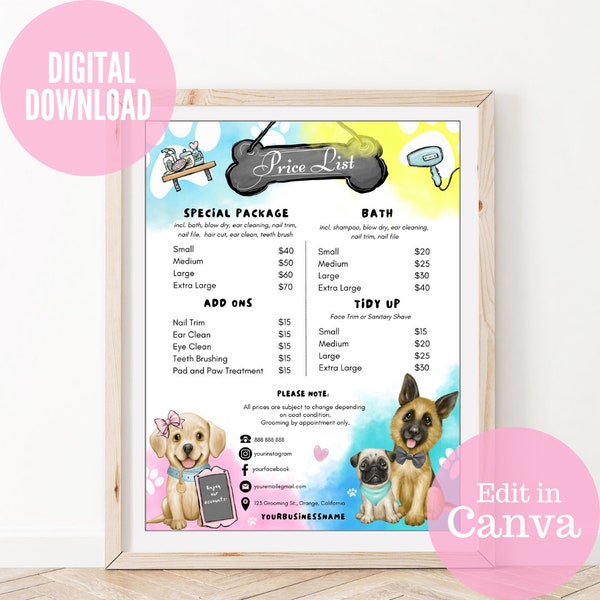 Pet Salon Grooming Price List Dog Grooming Price List Template for Pet Groomer Sign for Pet Salon Sign Editable Price List Dog Salon Price