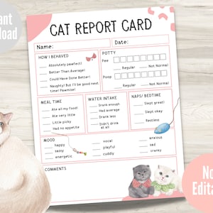 Cat Report Card, Pet Report Card, Ready to Print Pet Sitter Form, Cat Sitting Report Form, Instant Download