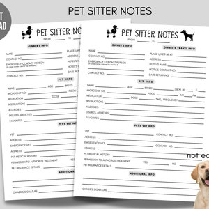 Pet Sitter Notes, Pet Sitter Information, Pet sitter Form, Pet Sitter Instructions, Doggie Daycare  Form, Ready to Print