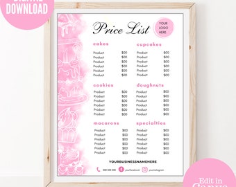 Könnte beinhalten: Eine gerahmte rosa und weiße Preisliste für Backwaren, einschließlich Kuchen, Cupcakes, Kekse, Donuts, Macarons und Spezialitäten. Das Wort "Price List" ist in eleganter Schrift geschrieben. Die Wörter "Digital Download" und "Edit in Canva" sind in rosa Kreisen.