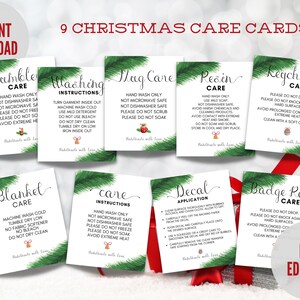 Carte d&#39;entretien, Instructions d&#39;entretien imprimables pour Noël, Cartes pour les petites entreprises, Instructions de lavage, Application d&#39;autocollants, Lot de cartes